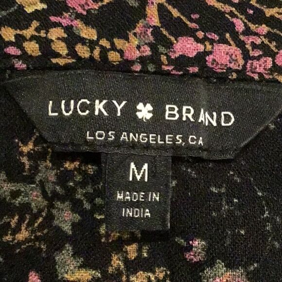 Lucky Brand Black Pink Floral Tie Neck Baby Doll Peasant Blouse - Picture 12 of 14